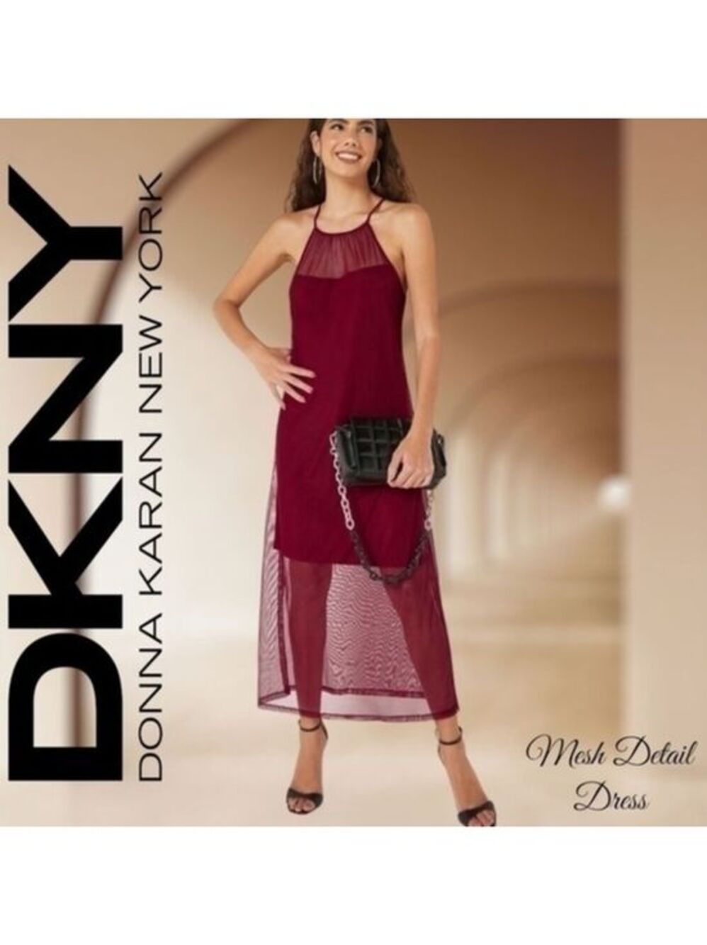 DKNY NWT Mesh Overlay Halter Neck Sleeveless Shift Style Maxi Dress/SM